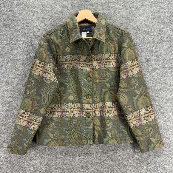A La Carte Jacket Women PS Petite Green Paisley Button Up Collared Long Sleeve - Picture 1 of 6